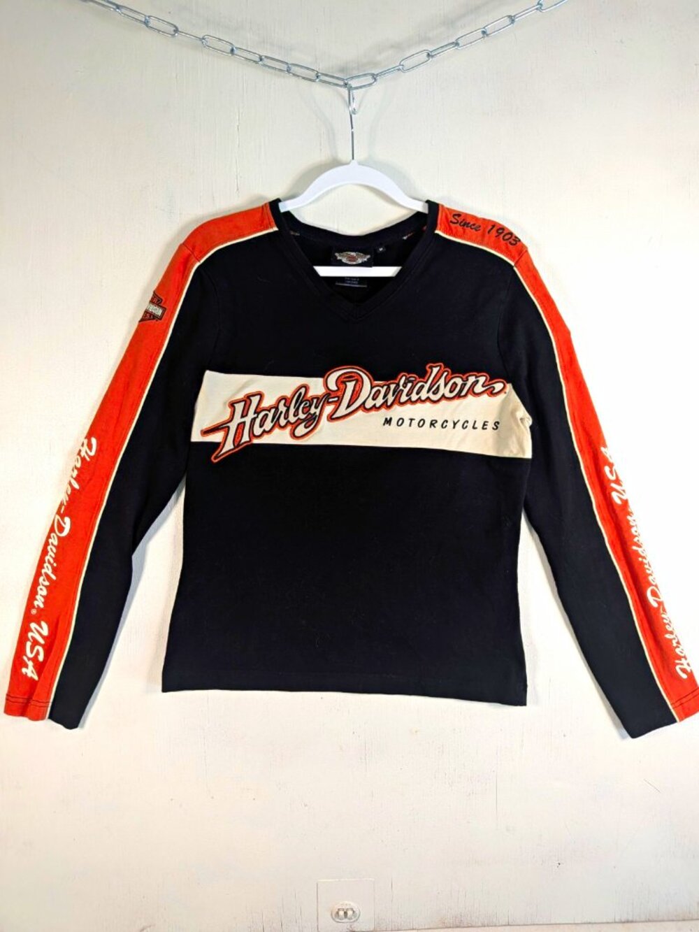 Harley-Davidson Womens Black Orange Long Sleeve V-Neck T-Shirt Motorcycles M